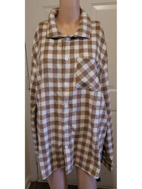 ZAFUL Men's Brown Cream Buffalo Plaid Oversized Flannel Button Up Shirt Size L